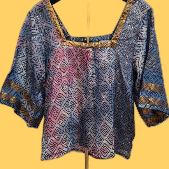 RD KOKO Women Geometric BOHO Print Metallic Square Neck 3/4 Sleeve Blouse XS - Picture 1 of 6